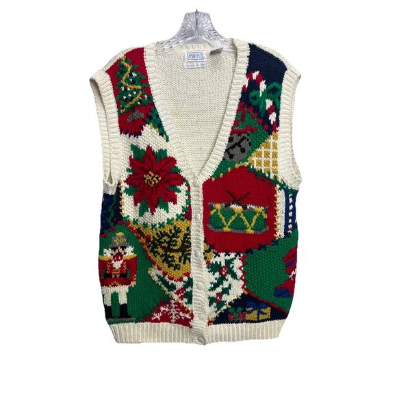 Vtg Ashley XL Hand Knit Christmas Sweater Cardigan V-Neck Button - Picture 1 of 10